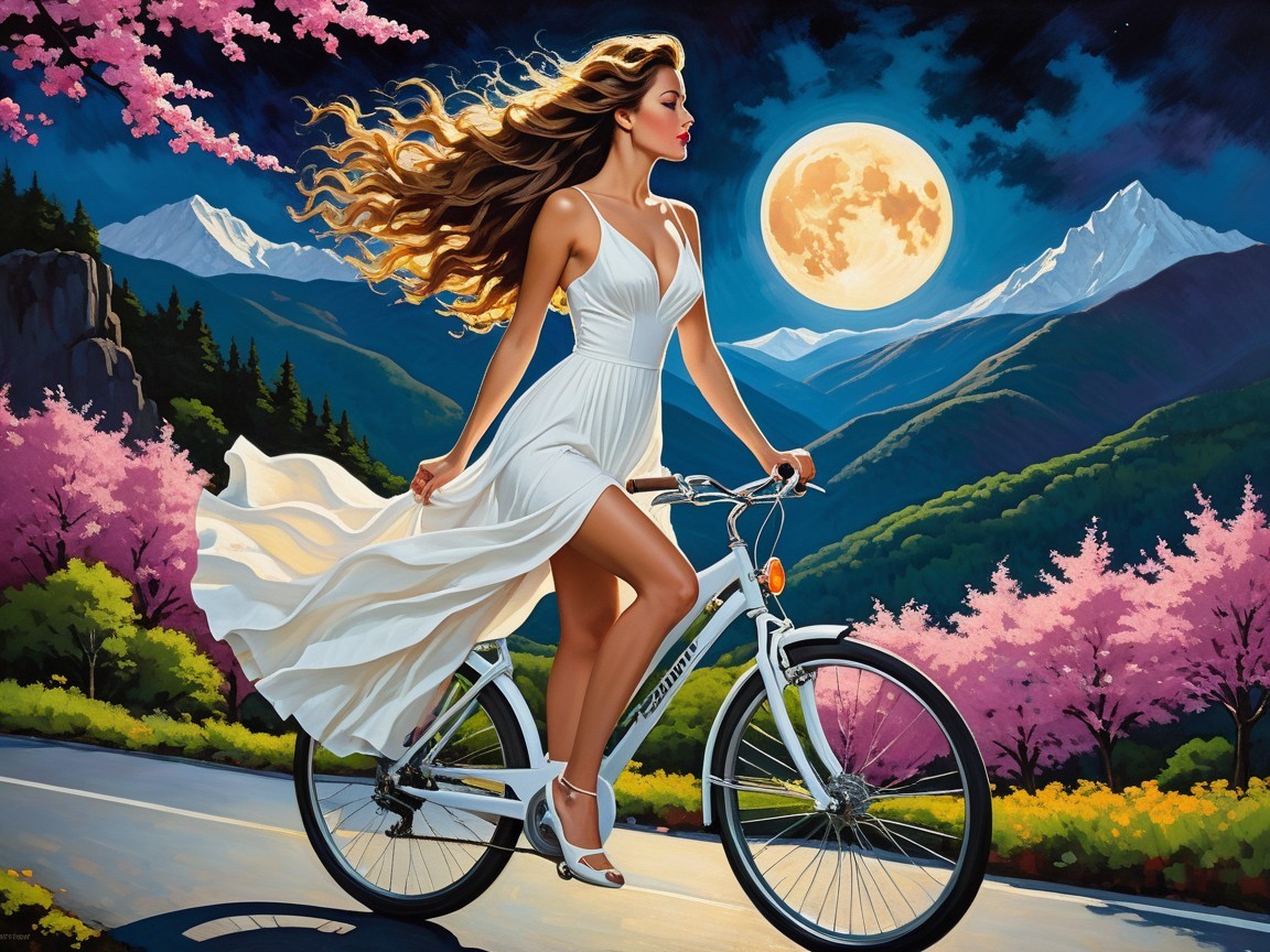 Woman in White Dress Biking Through Cherry Blossoms