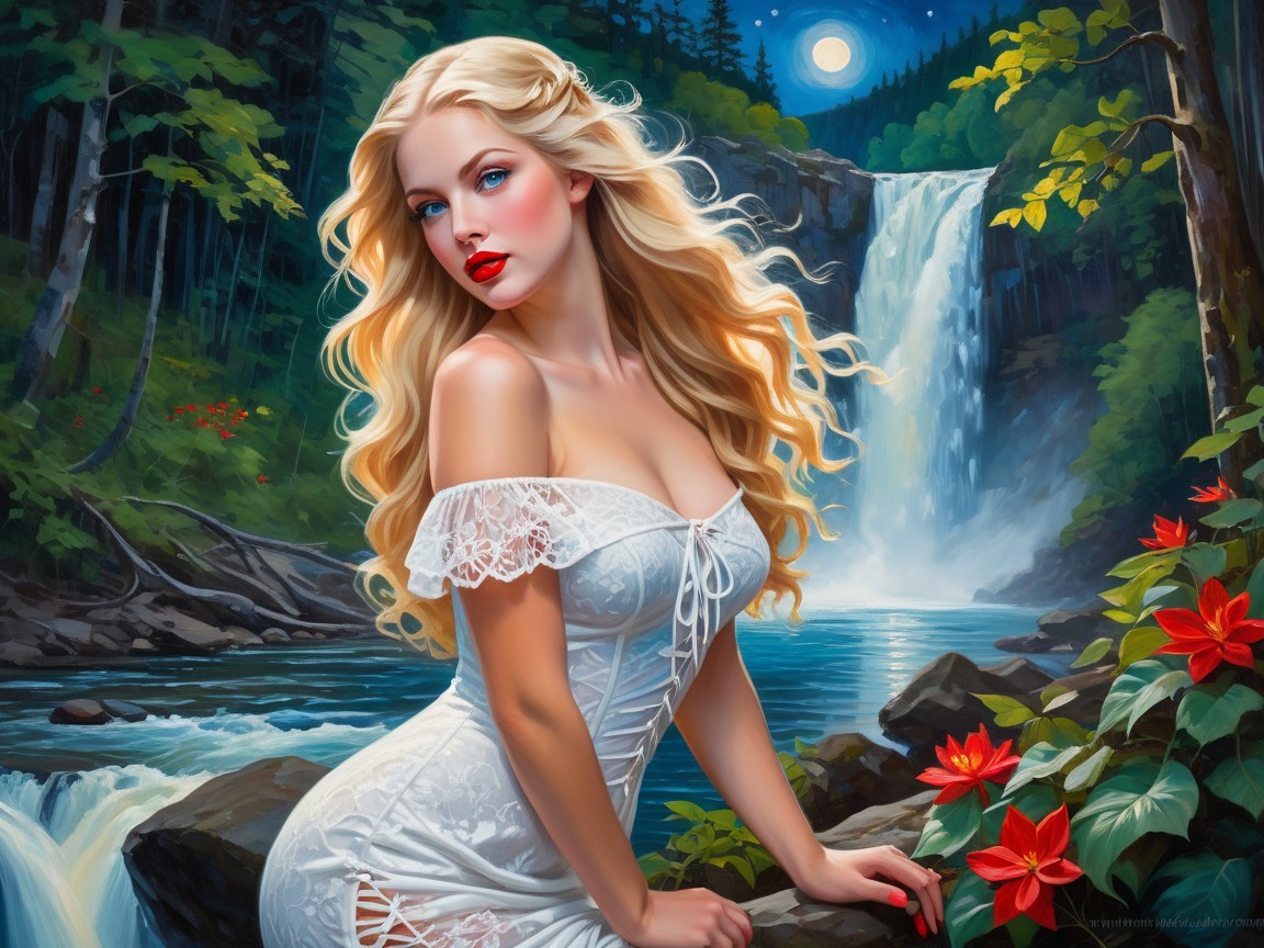 Woman in White Gown Amidst Serene Natural Landscape