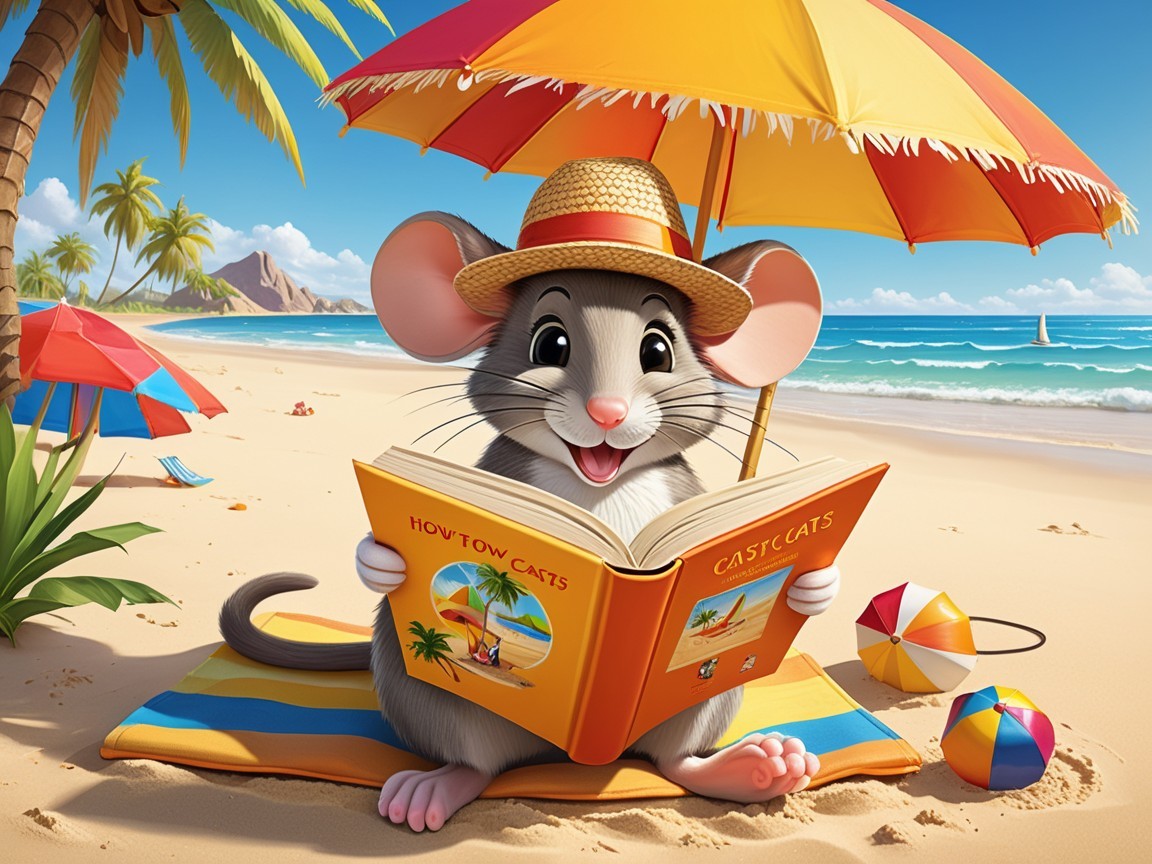 Cartoon Mouse Relaxing on Beach with Book and Umbrella