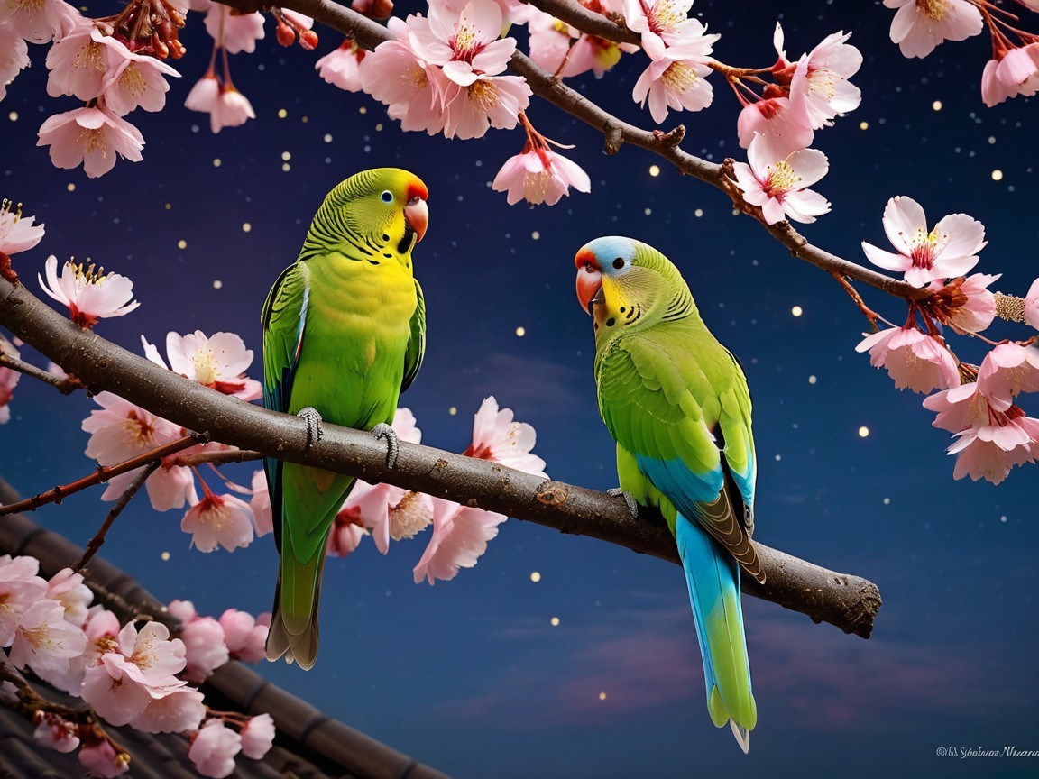 Budgerigar Parrots Among Cherry Blossoms at Night