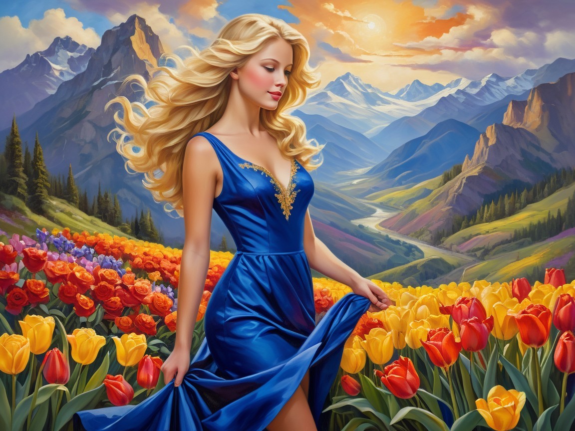Young Woman in Blue Dress Among Vibrant Tulips