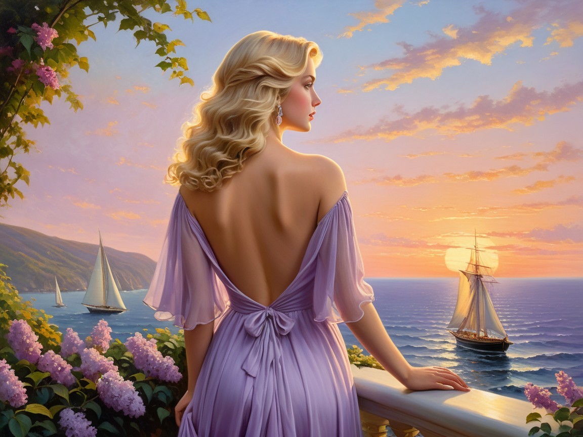 Twilight Scene of Woman in Lavender Dress by Sea