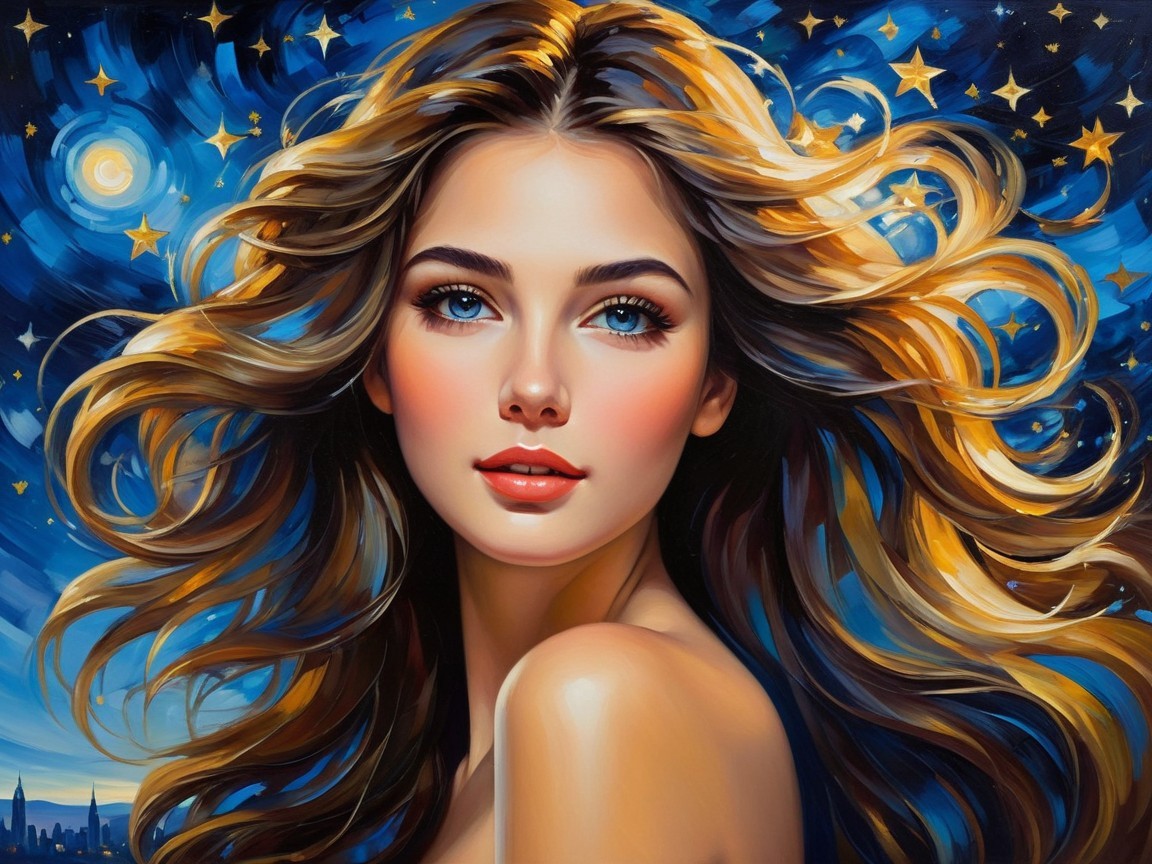 Young Woman with Golden Hair in Celestial Background