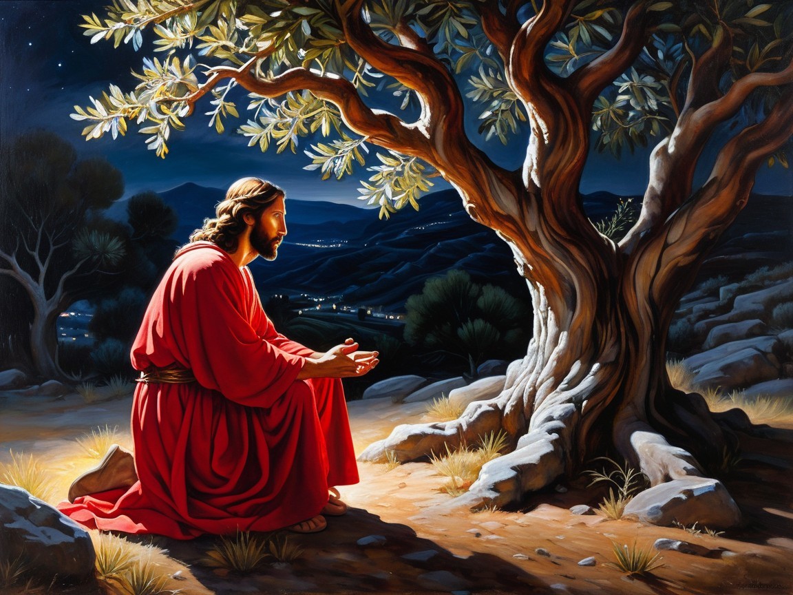 Moonlit Landscape with Figure in Red Robe Praying