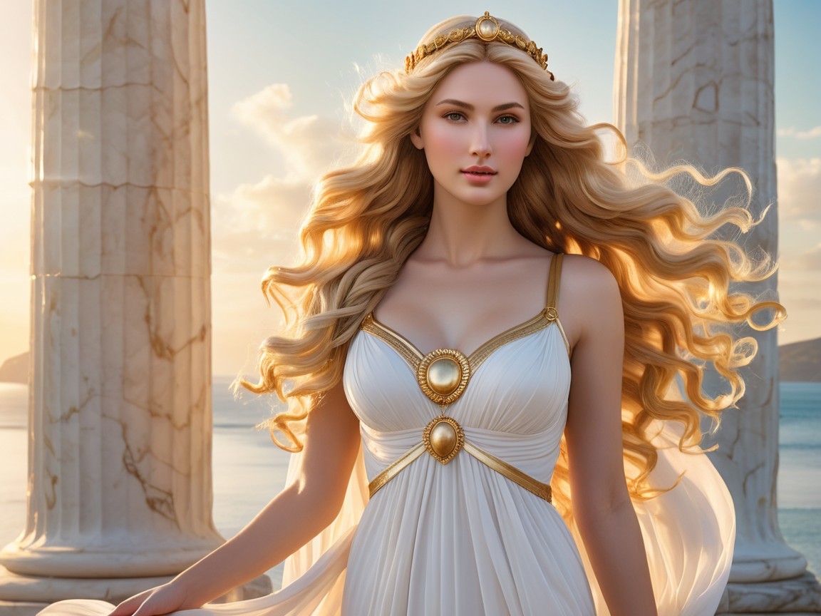 Elegant Woman in White Gown by Ancient Columns and Sea
