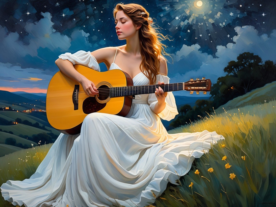 Young Woman in White Gown Playing Guitar Under Stars