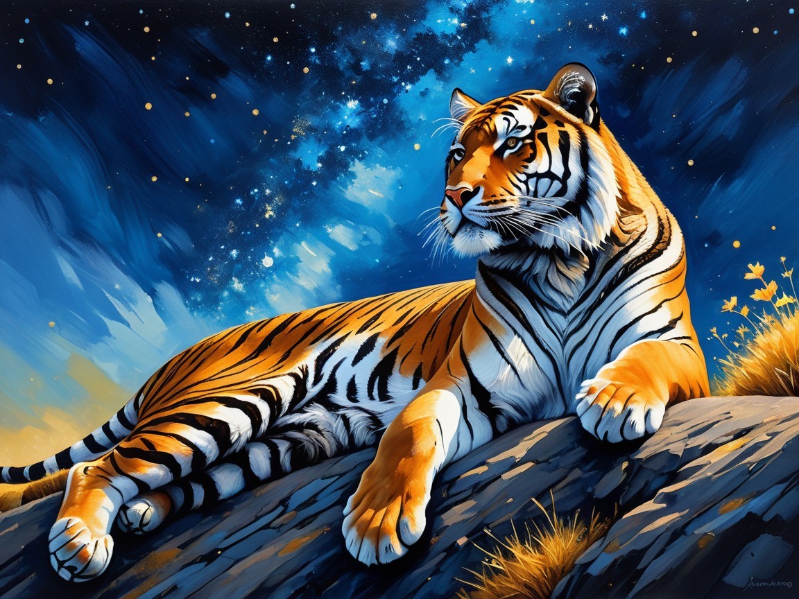 Majestic tiger on rocky outcrop under starry sky