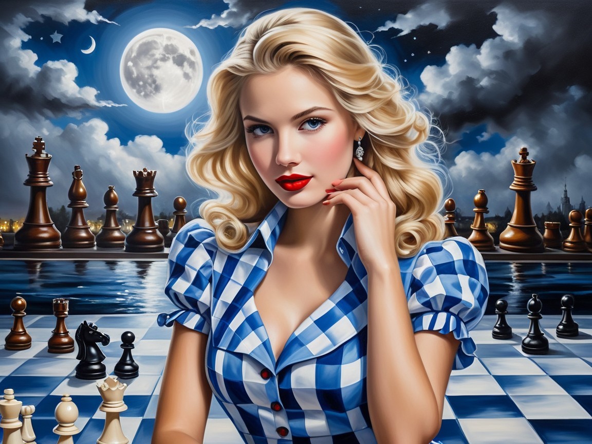 Glamorous Woman at Chessboard Under Moonlit Sky