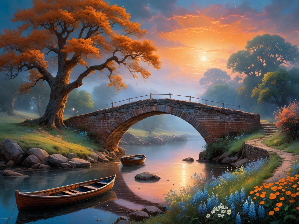 Serene Landscape with Stone Bridge and Sunset Glow