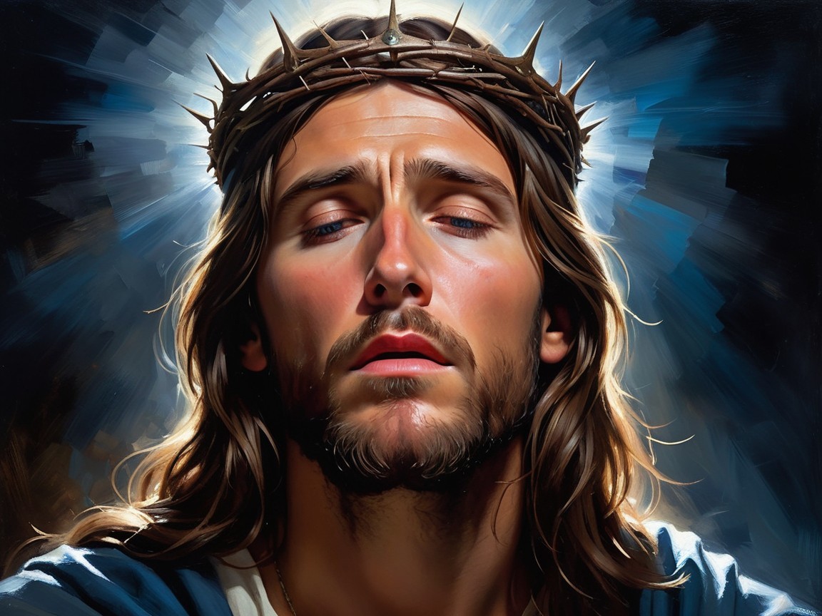 Figure with Crown of Thorns in Soft Light and Blue Shades
