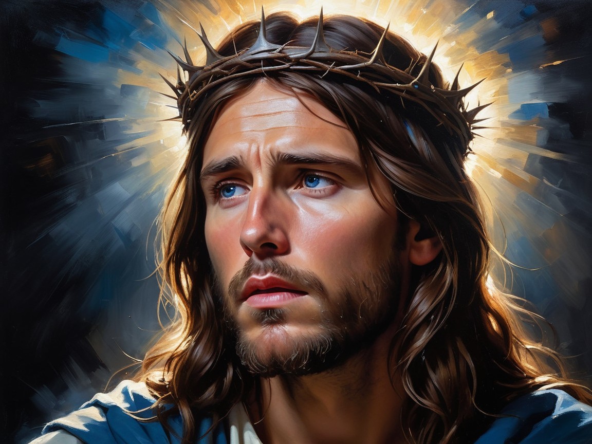 Portrait of a man with long hair and crown of thorns