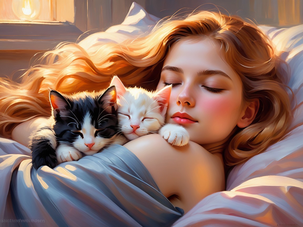 Young girl sleeping with kittens in a serene setting