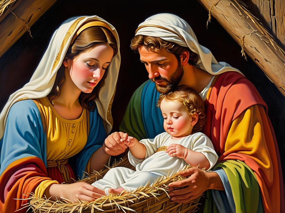 Serene Nativity Scene with Mary, Joseph, and Jesus