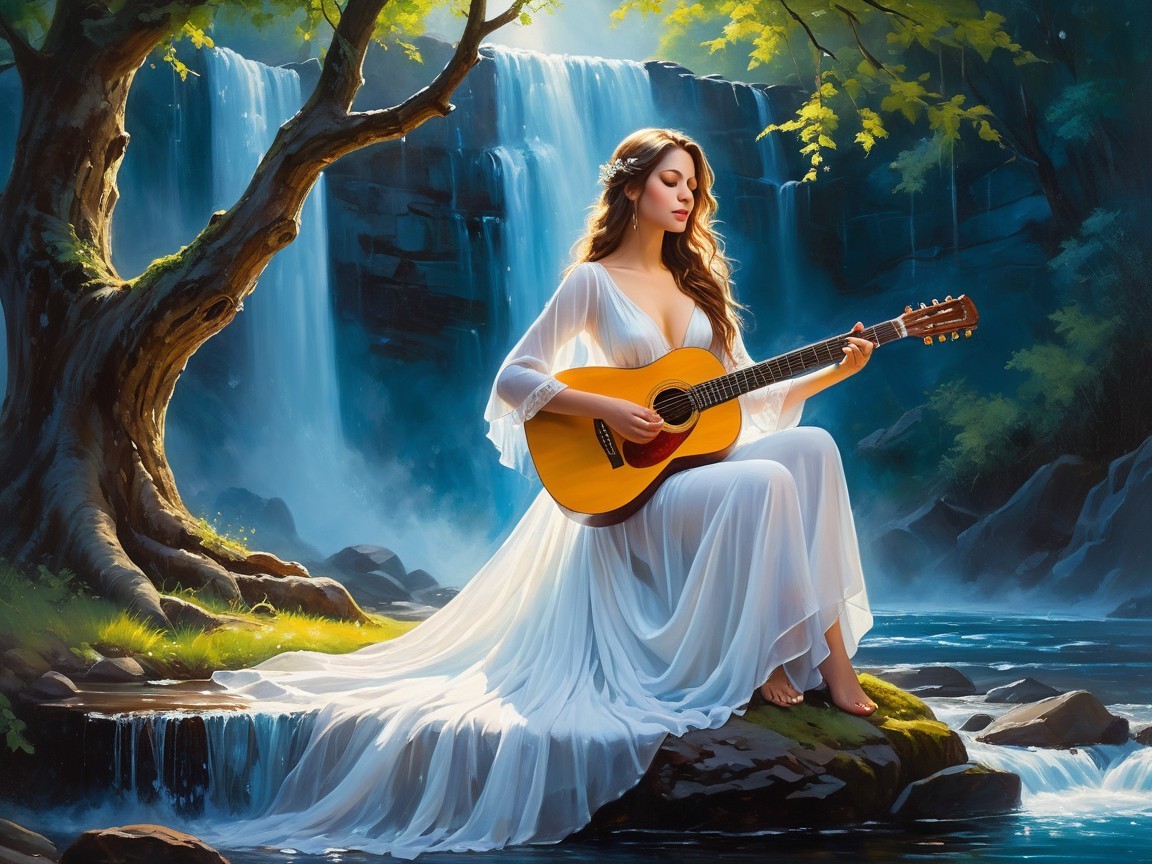 Woman in White Dress by Tranquil Waterfall Scene