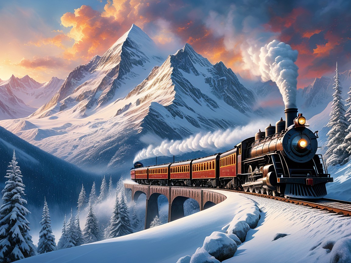 Vintage Steam Locomotive in Snowy Mountain Landscape