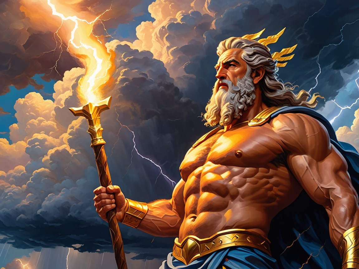 Powerful figure resembling a Greek god with lightning bolt