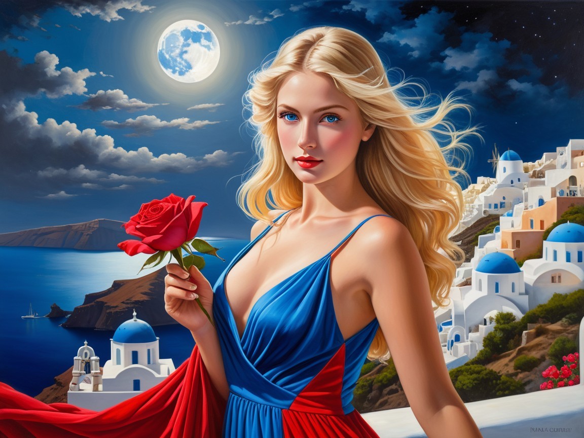 Portrait of a Woman with Santorini Cityscape Background
