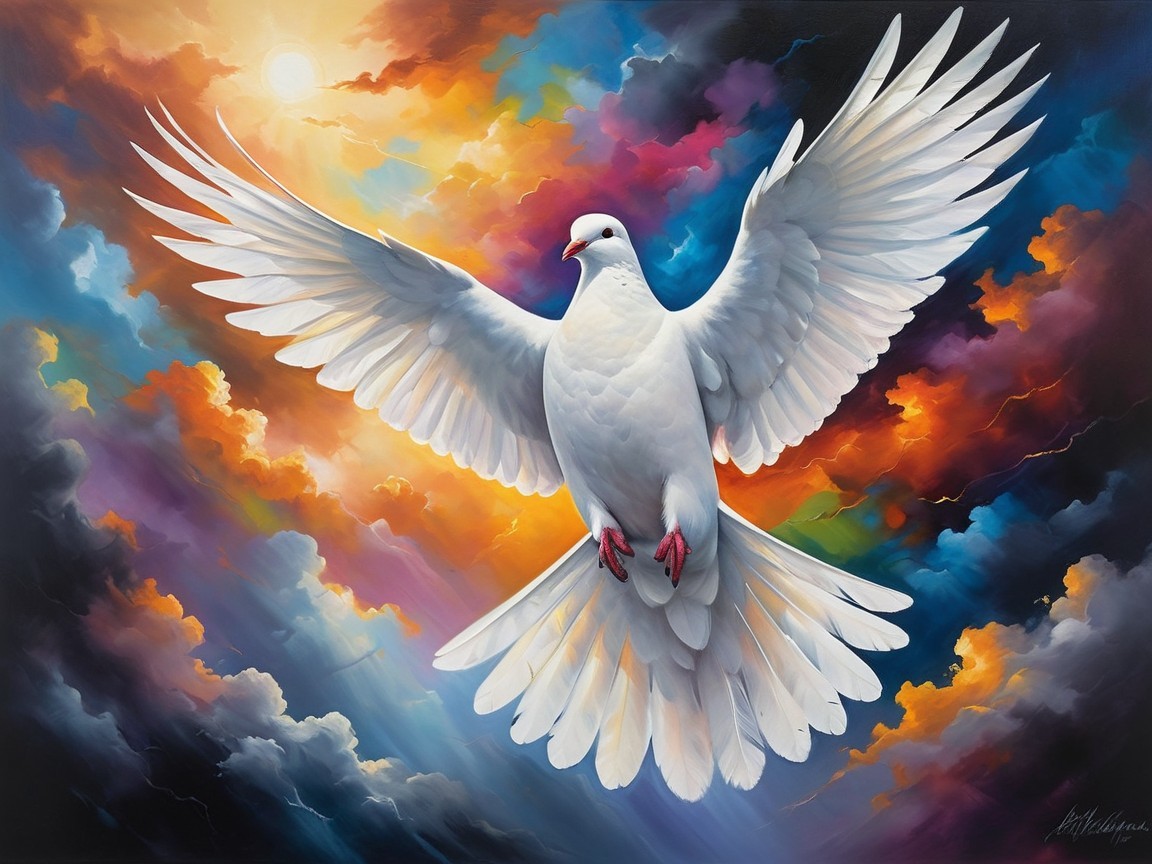 Majestic white dove soaring against vibrant clouds