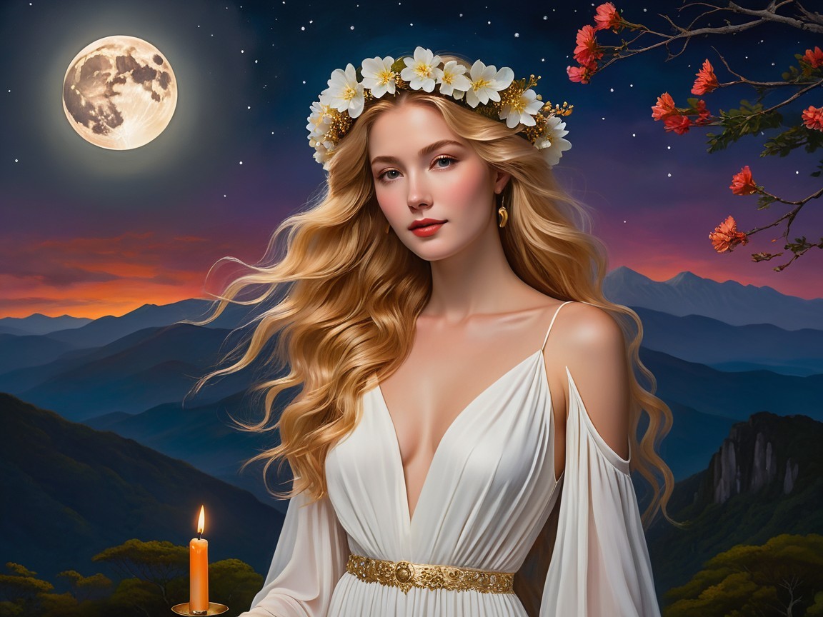 Serene Figure in Floral Crown and Moonlit Landscape