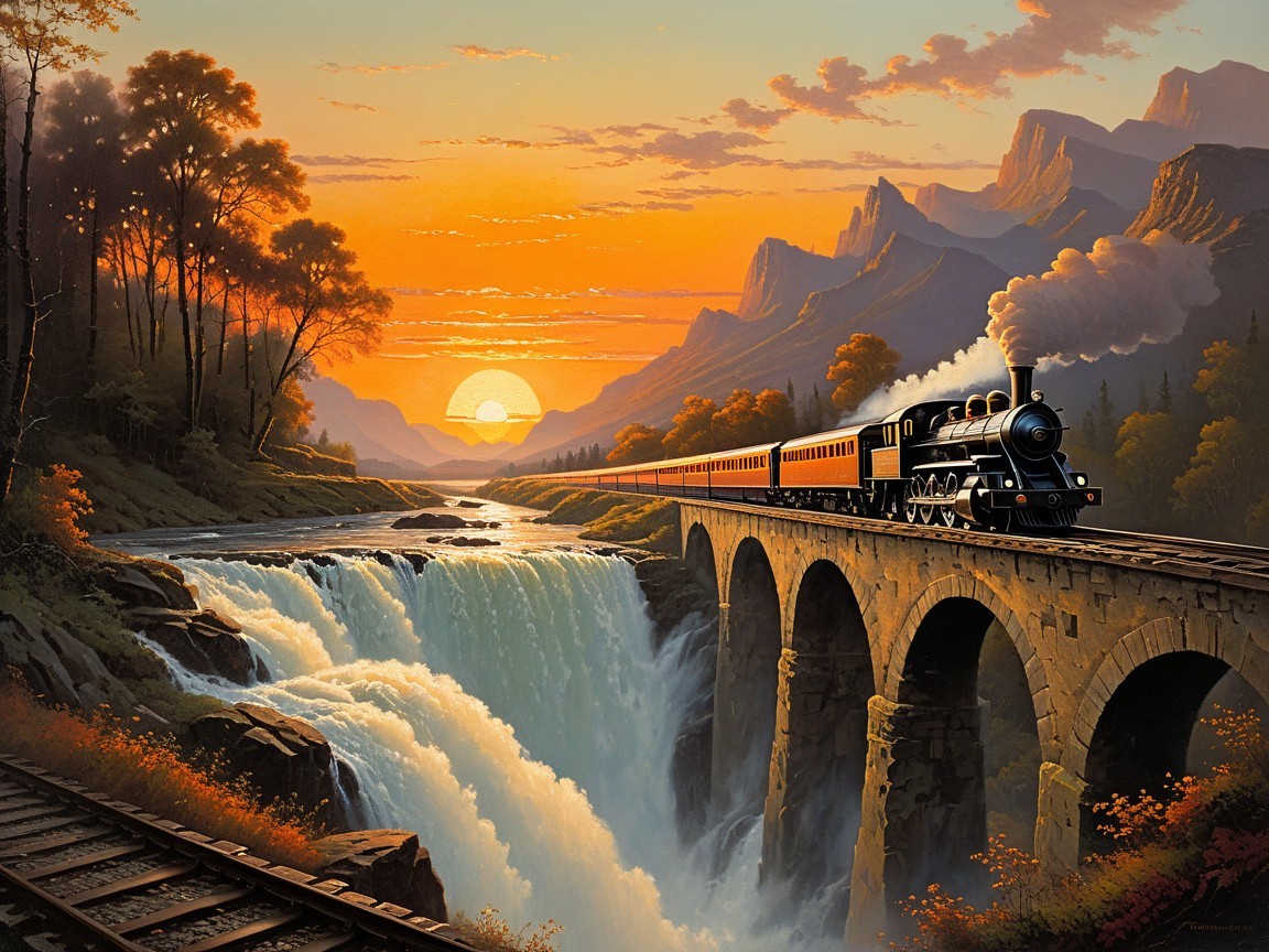 Steam Train Crossing Stone Bridge at Sunset