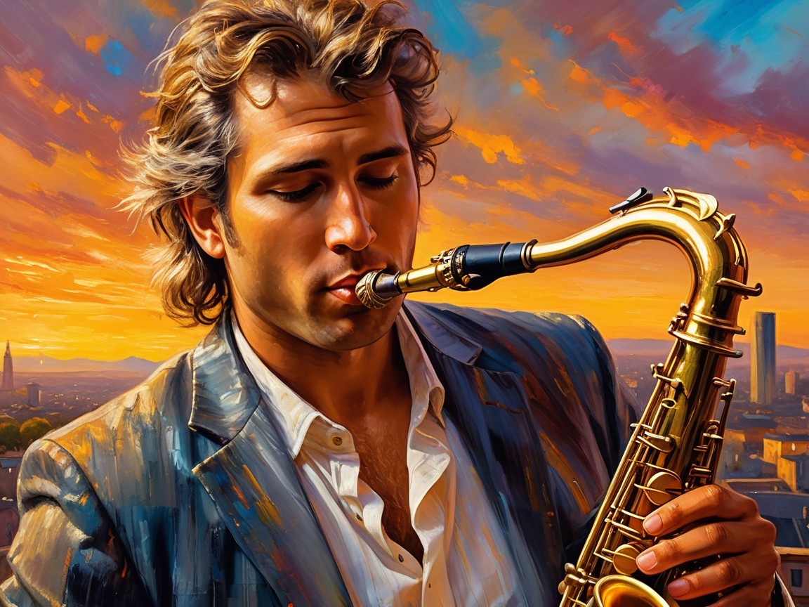 Man Playing Saxophone at Vibrant Sunset Background