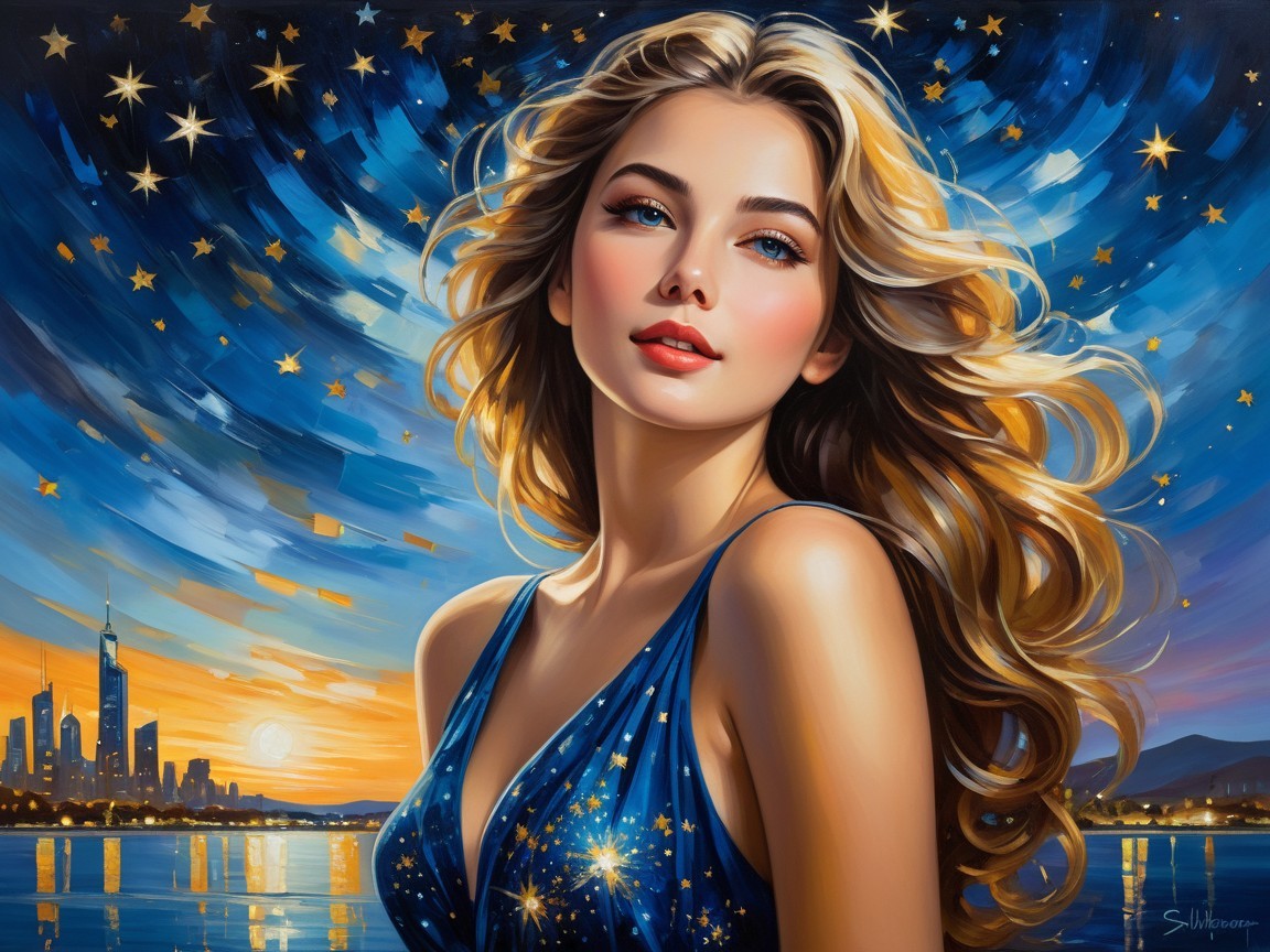 Portrait of a Woman in Blue Gown Against Twilight Sky
