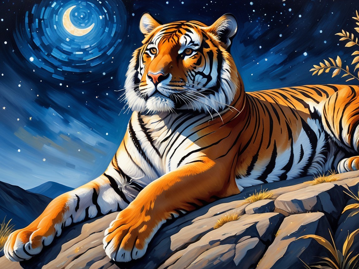 Tiger on Rocky Ledge Under Starry Night Sky