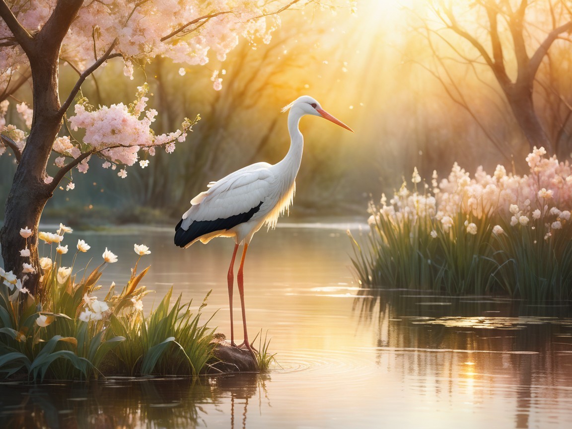 Serene Landscape with Stork and Cherry Blossoms