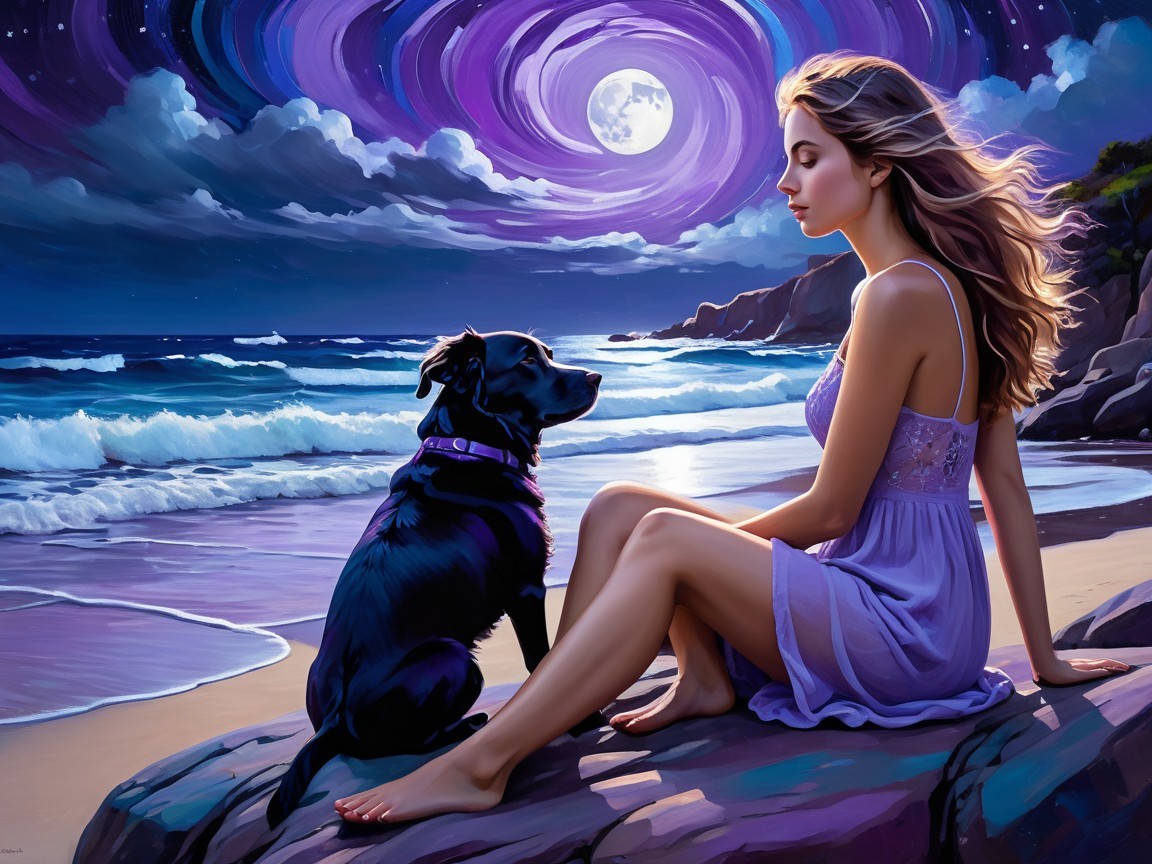 Serene Ocean Scene Under Full Moon with Woman and Dog
