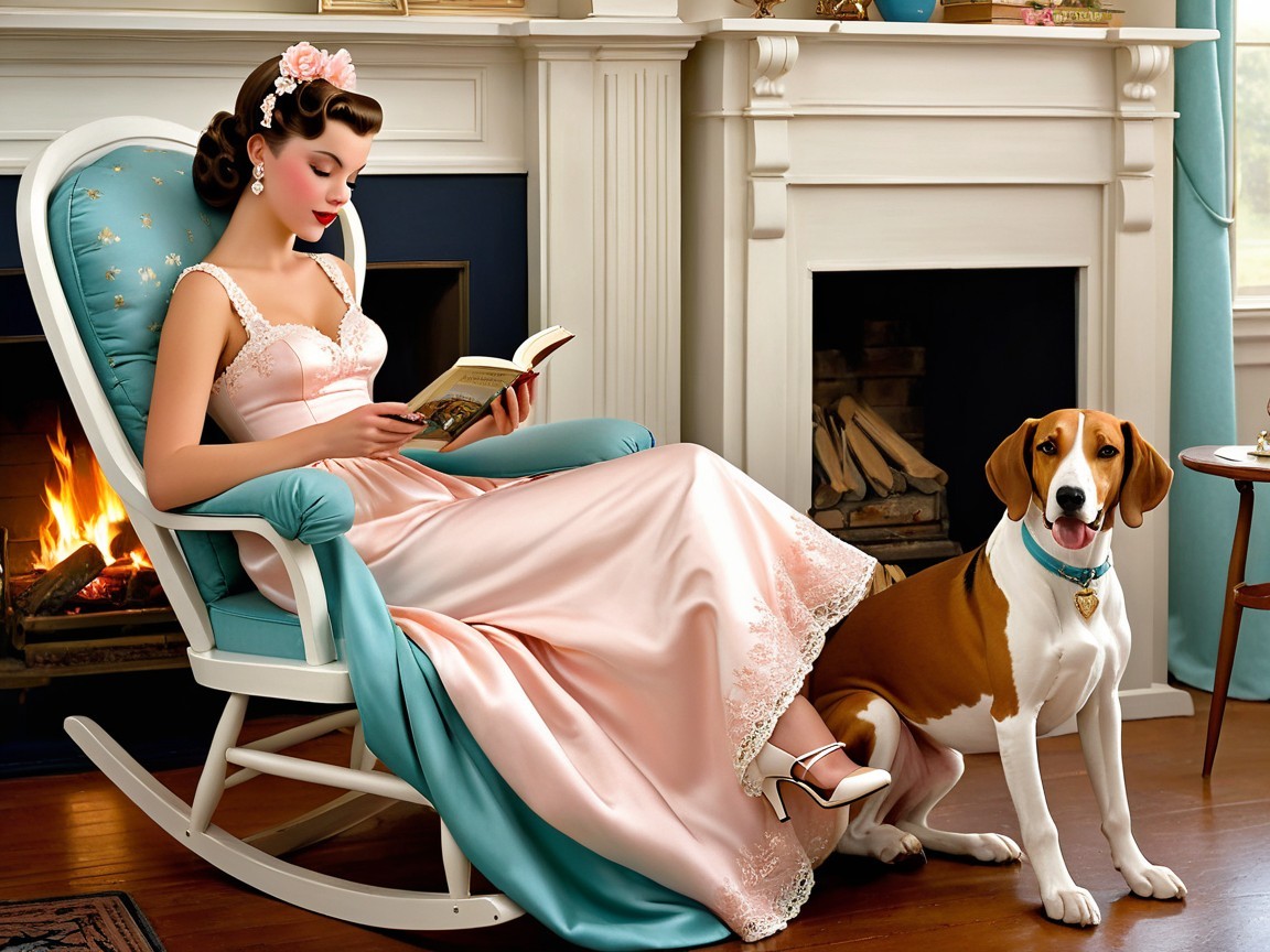 Young Woman in Pink Dress Reading by Fireplace
