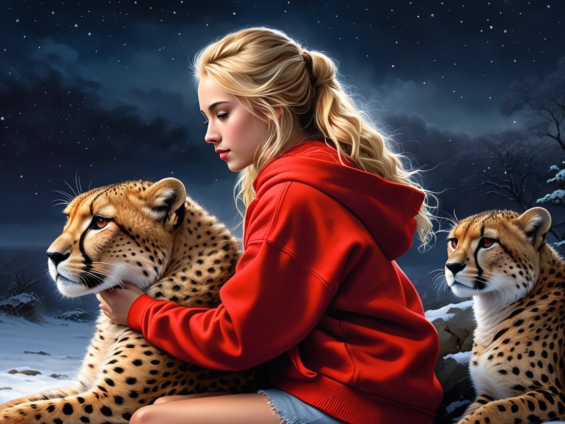 Young Woman with Cheetahs in Snowy Night Landscape