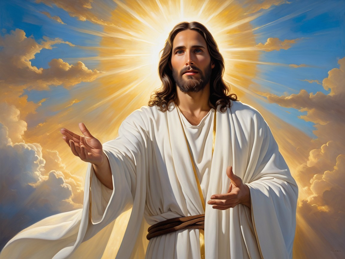 Serene figure in white robe radiating golden light
