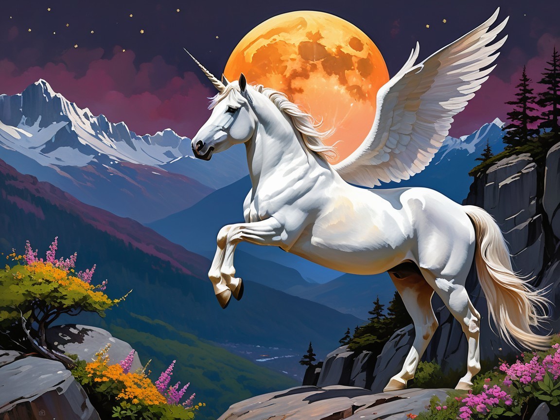 Majestic Unicorn Under Golden Moonlight Landscape