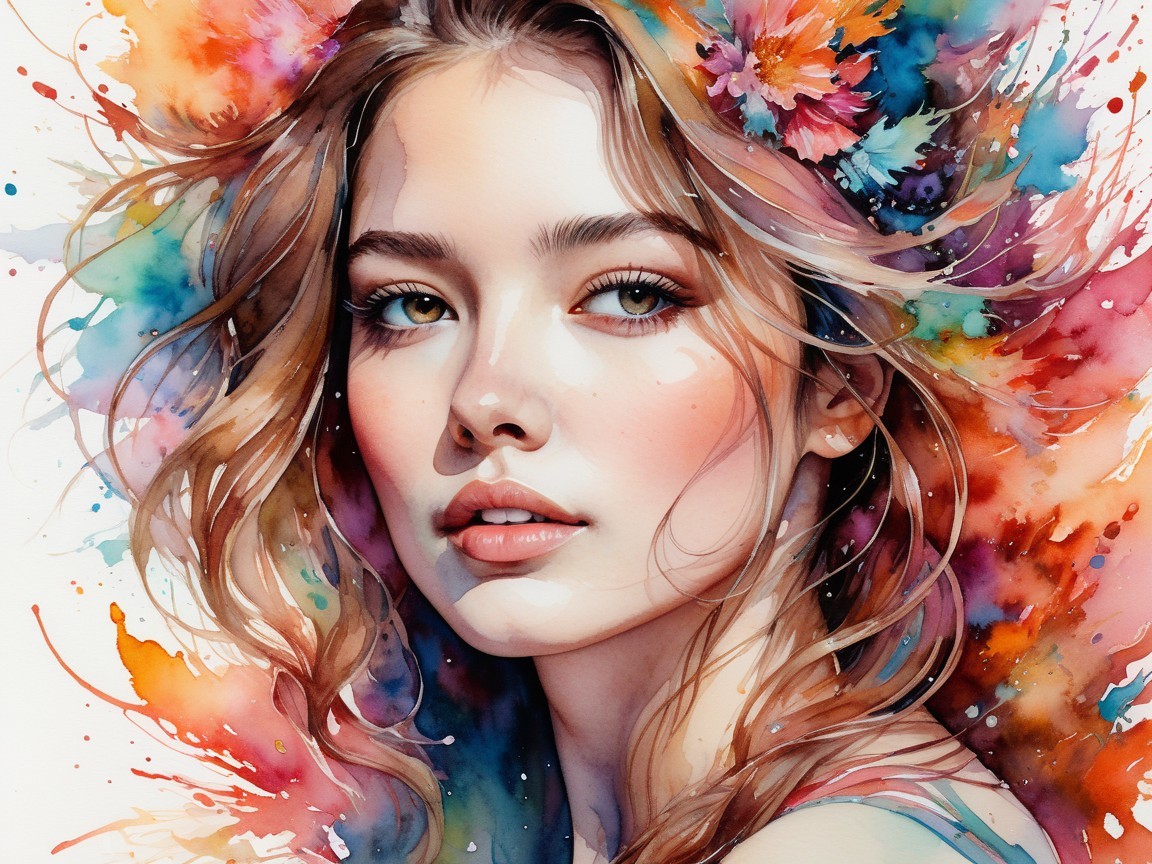 Watercolor Portrait of a Young Woman with Flowers