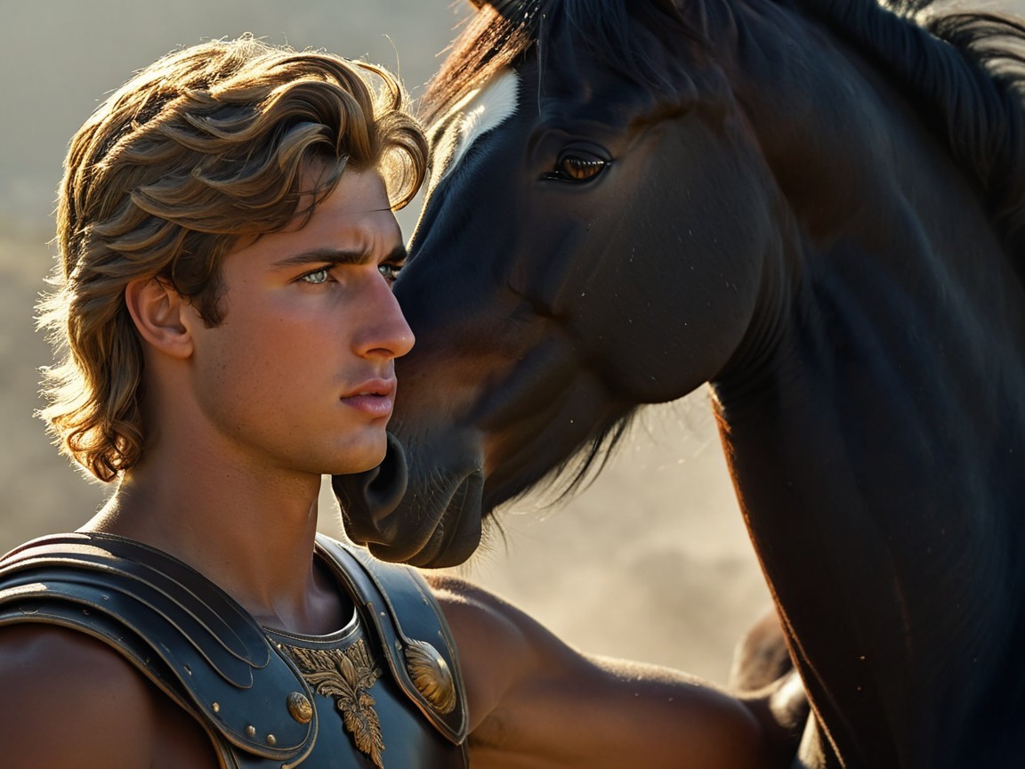Young man in ornate armor with black horse