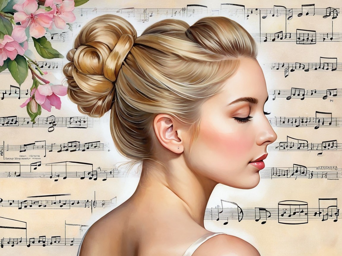 Profile of a Young Woman with Musical Notes and Flowers