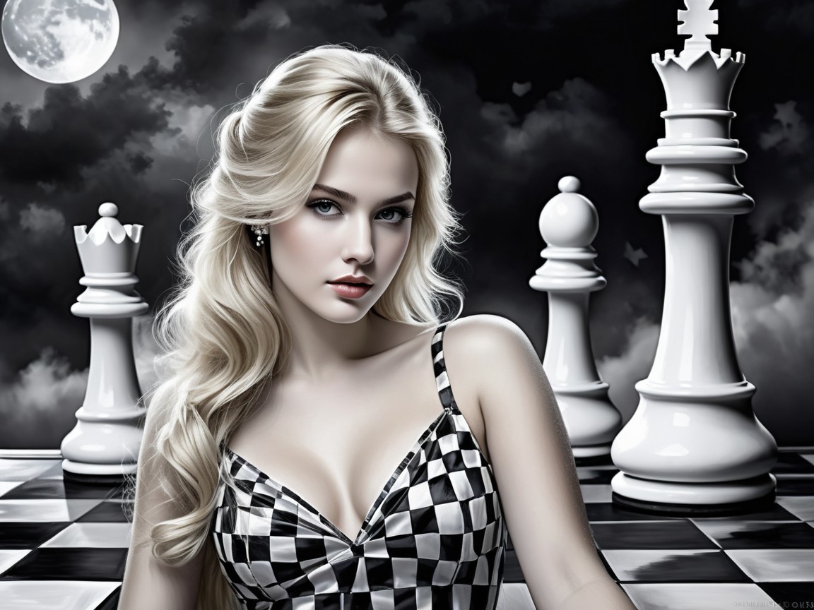 Blonde Woman in Checkered Outfit on Chessboard Scene