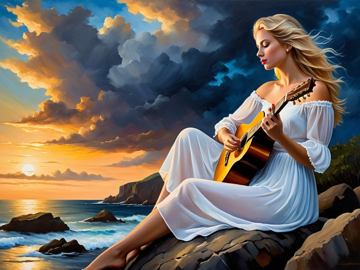 Serene painting of a woman playing guitar at sunset