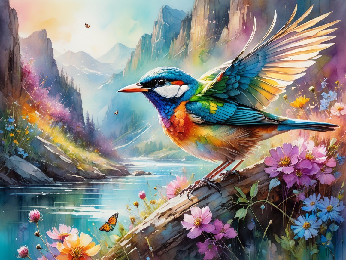 Vibrant Bird by Tranquil River with Blooming Flowers