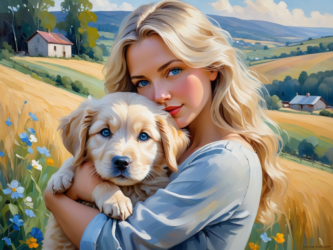 Young Woman with Golden Retriever Puppy in Countryside