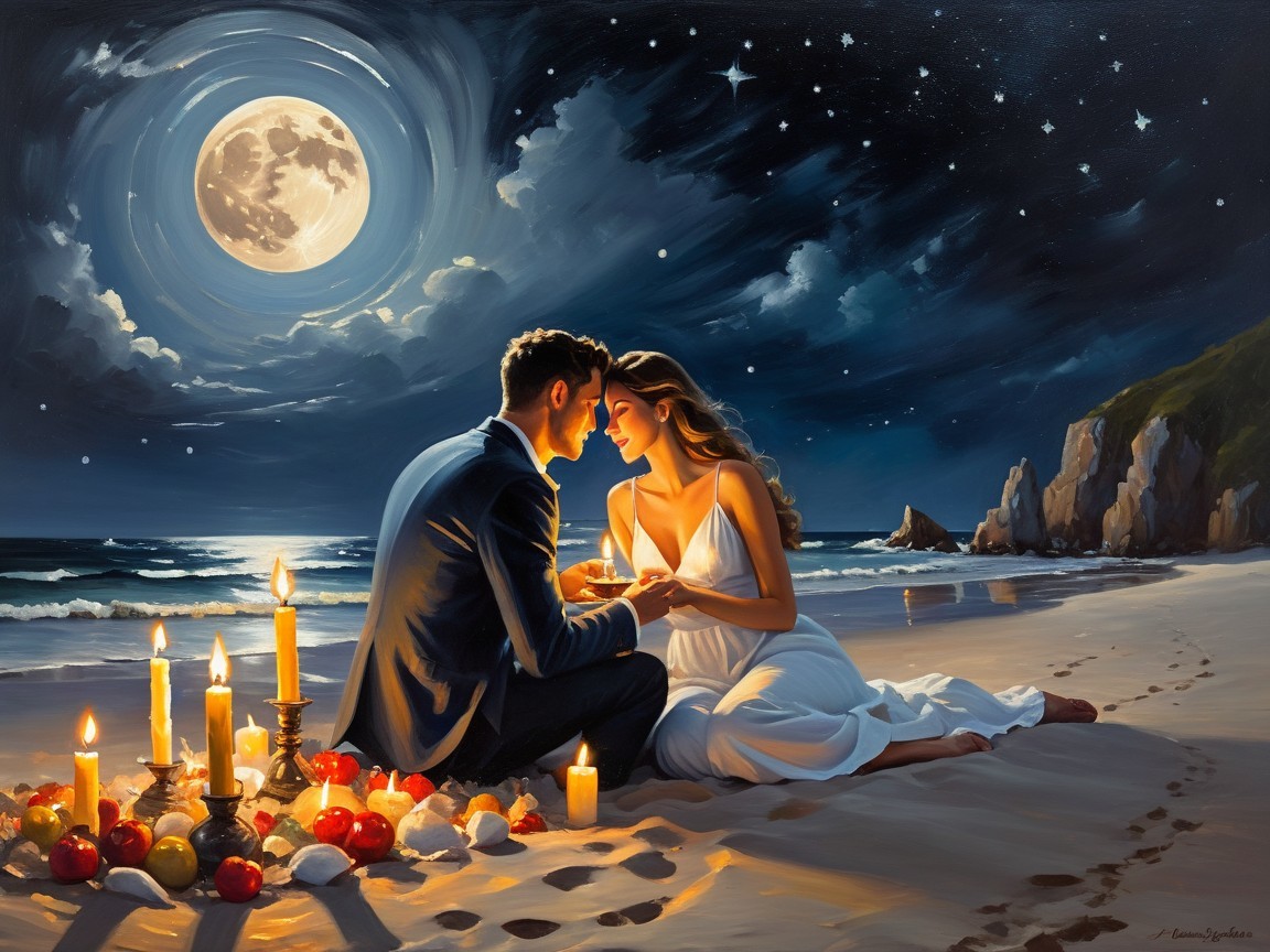 Romantic Beach Scene with Moonlight and Candles