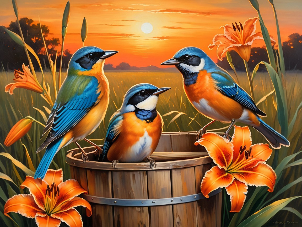 Vibrant Birds on Barrel with Sunset and Lilies