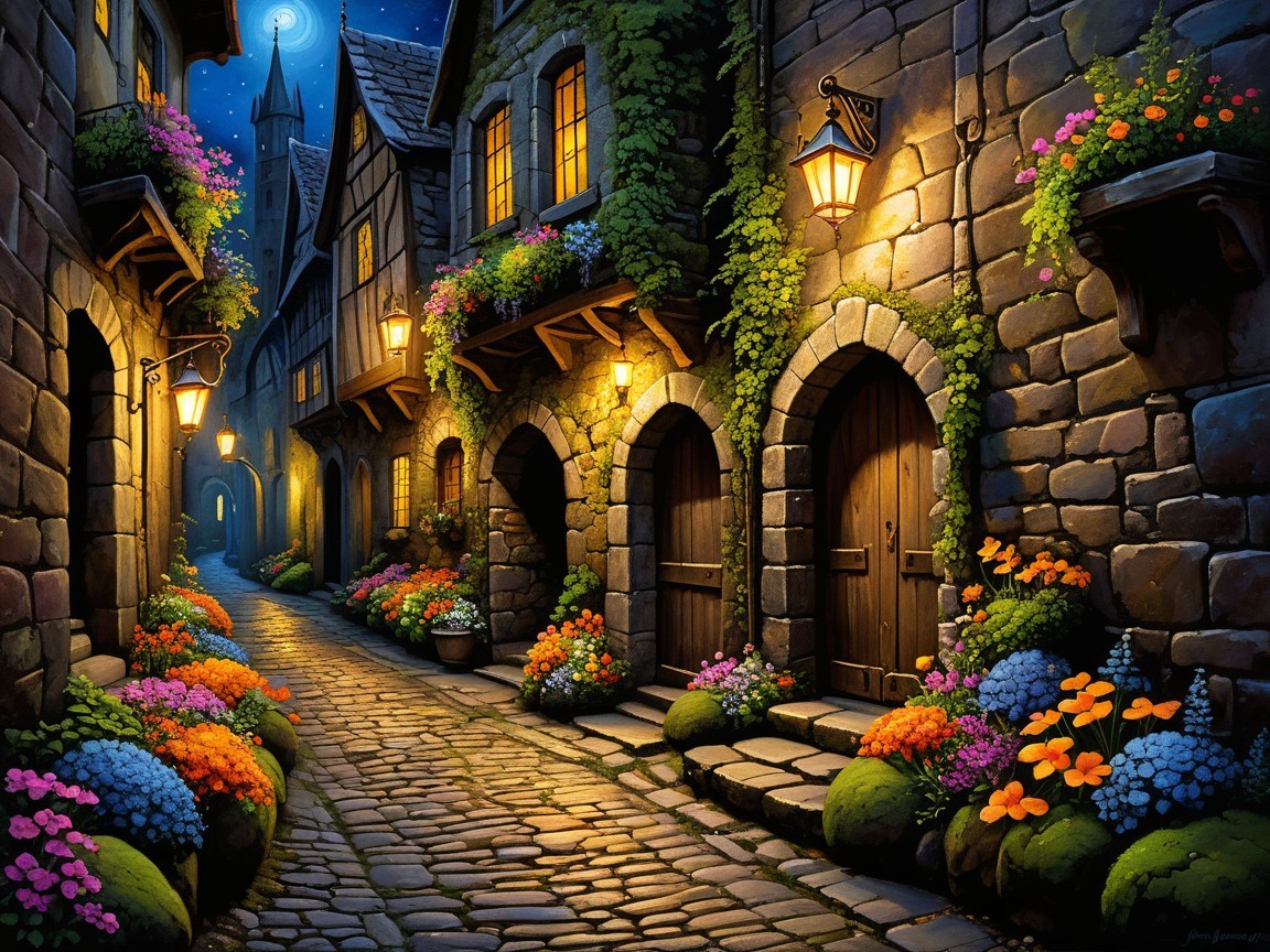 Medieval Street at Night with Lanterns and Flowers