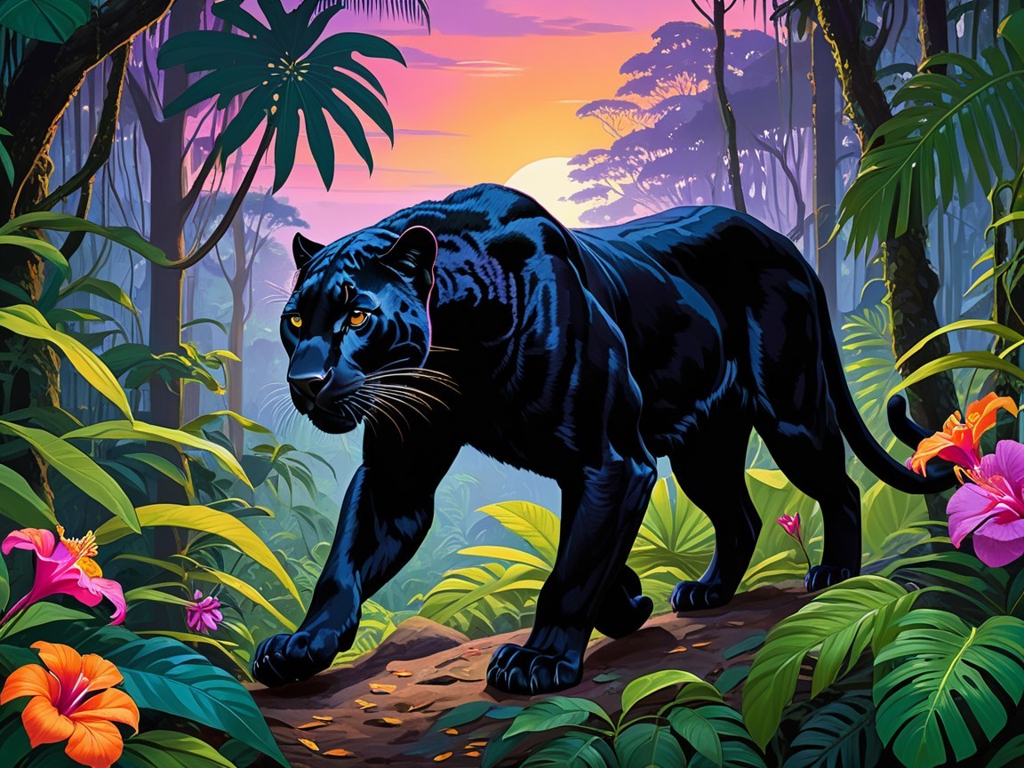 Black Panther in Lush Jungle at Sunset