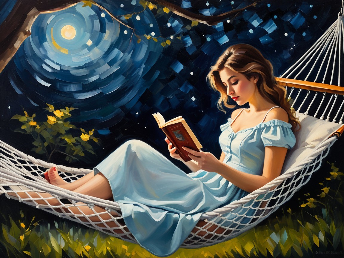 Young Woman Reading in Hammock Under Starry Sky