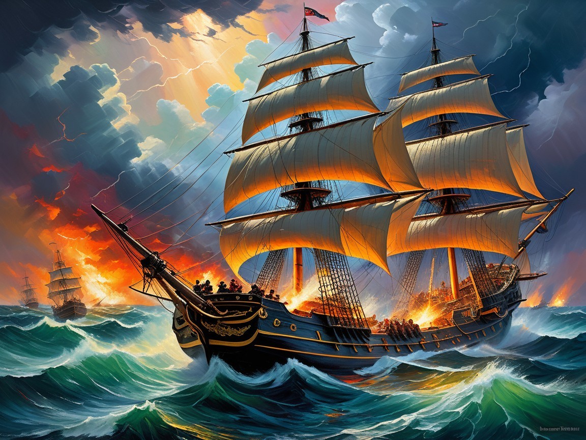 Majestic sailing ship in turbulent seas during battle