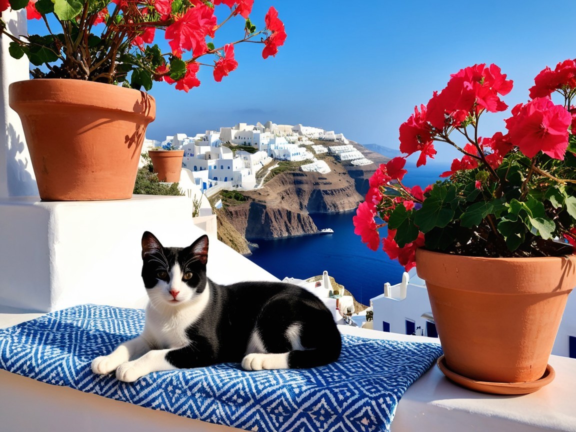 Black-and-white cat on blue blanket with Santorini view