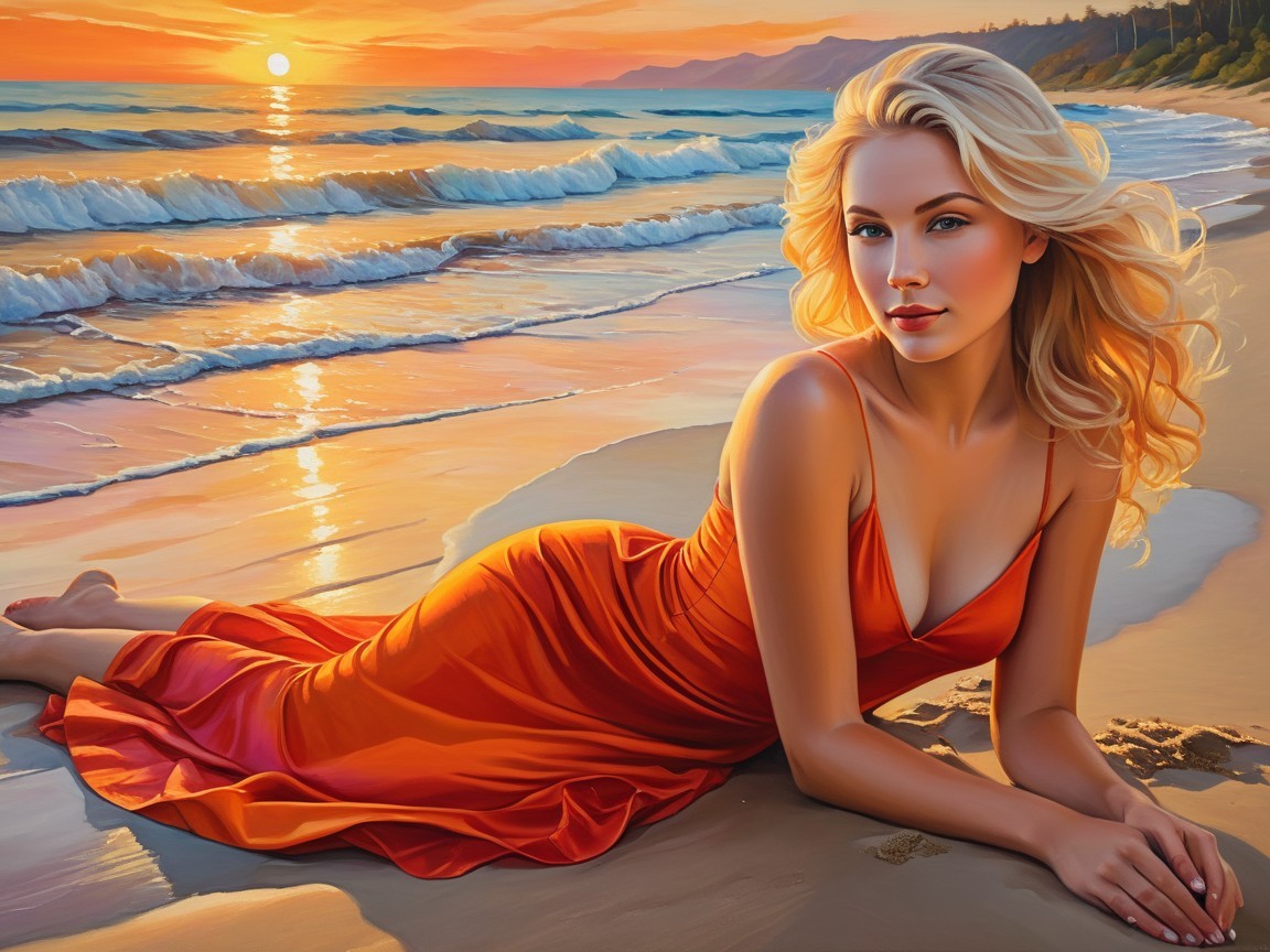 Young Woman in Orange Dress on Sunset Beach