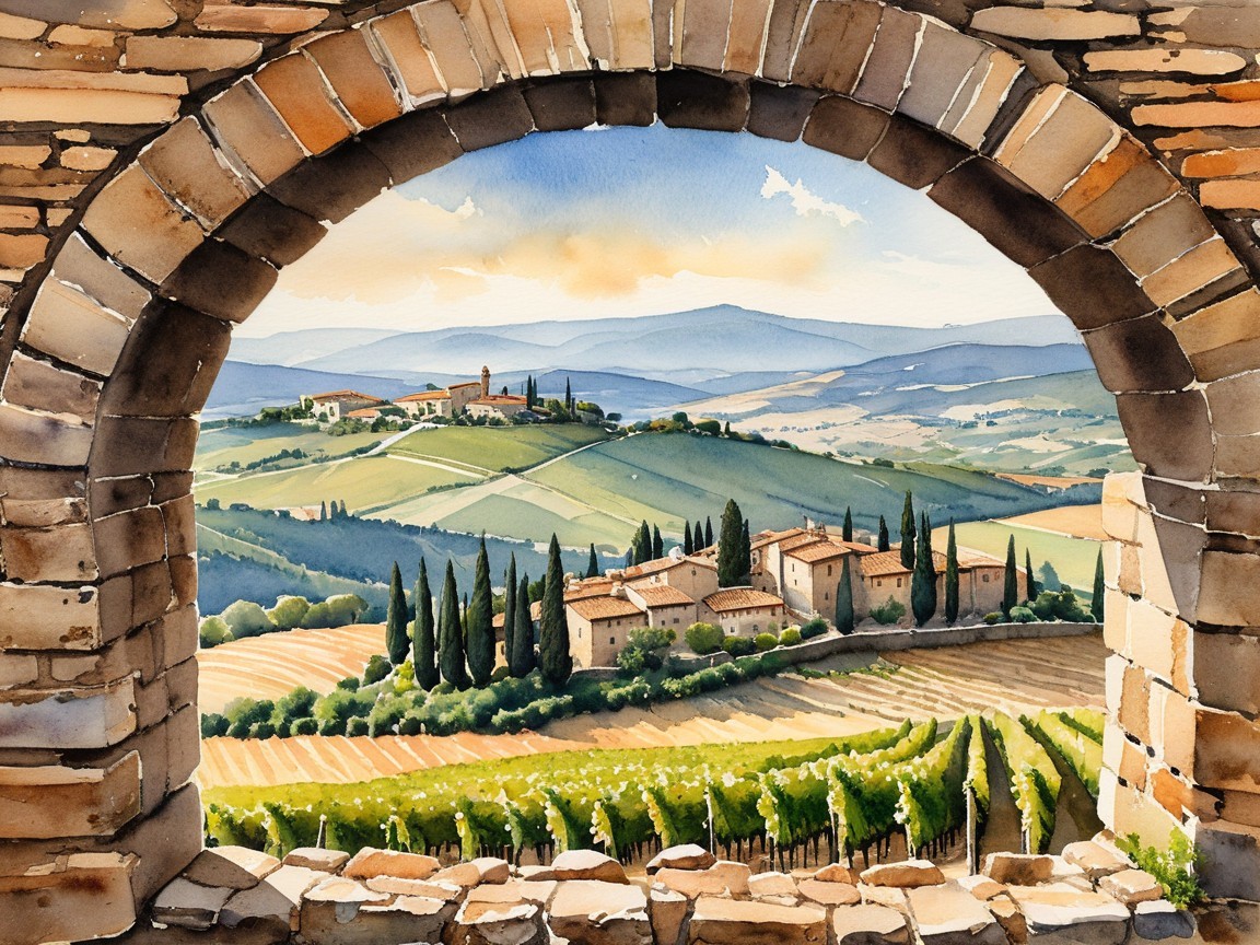 Watercolor of a Tuscan landscape through a stone arch