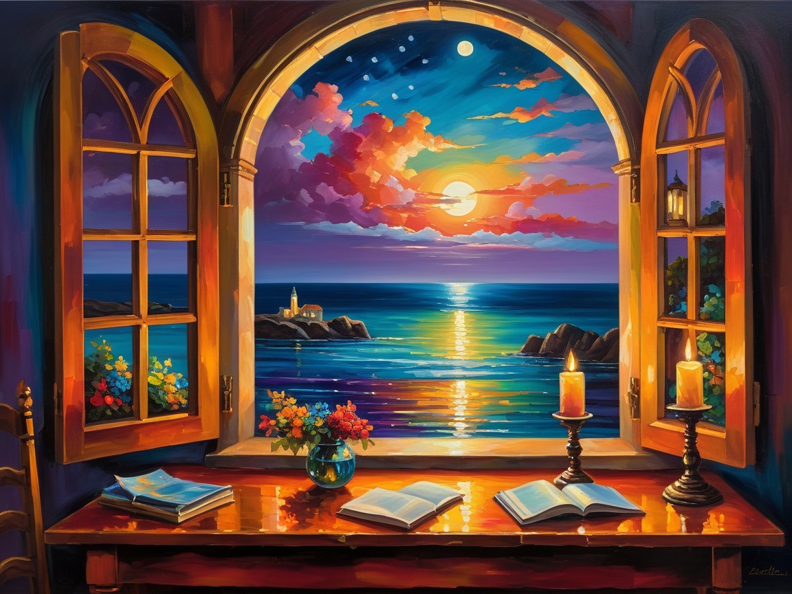 Indoor View of Ocean at Sunset Through Arched Window